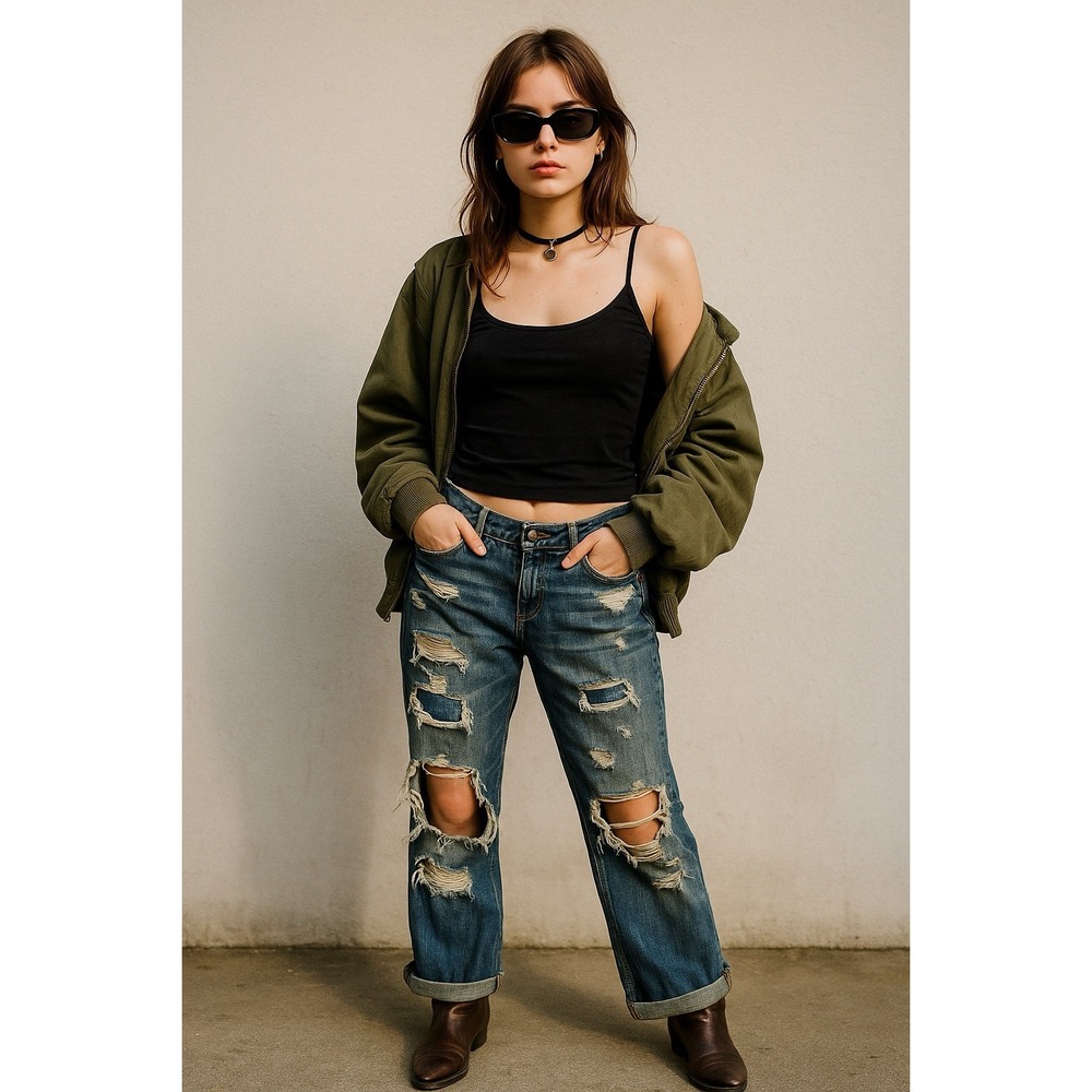 Abercrombie Fitch Jeans Womens 29W‎ Patch Distressed Raw Hem Cuffed Indie Y2K